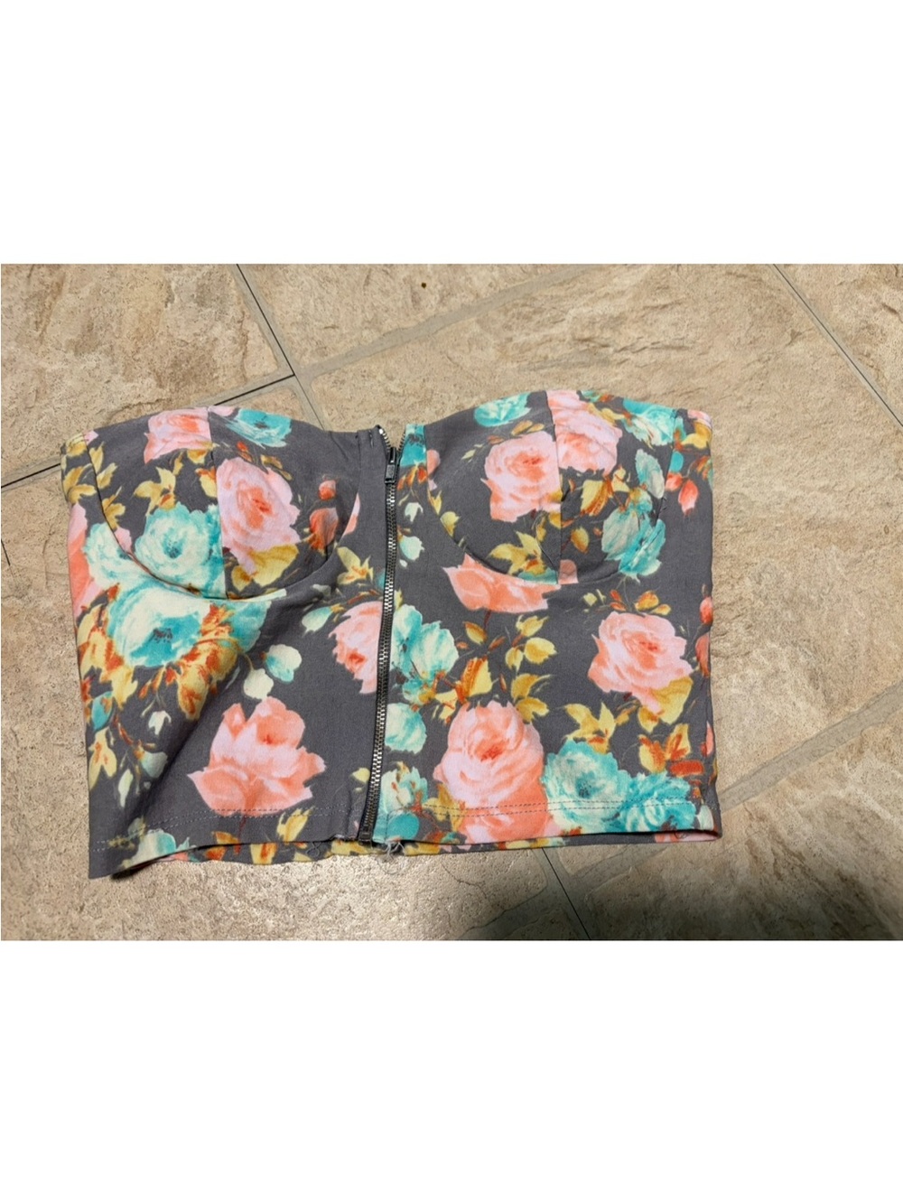 Floral Strapless Zip-Front Bustier Top - Gray with Pink & Teal Blooms